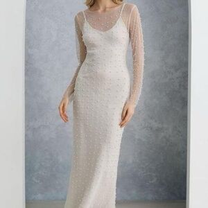 12th Tribe Pearl-Embellished Cream Long Sleeve Dress